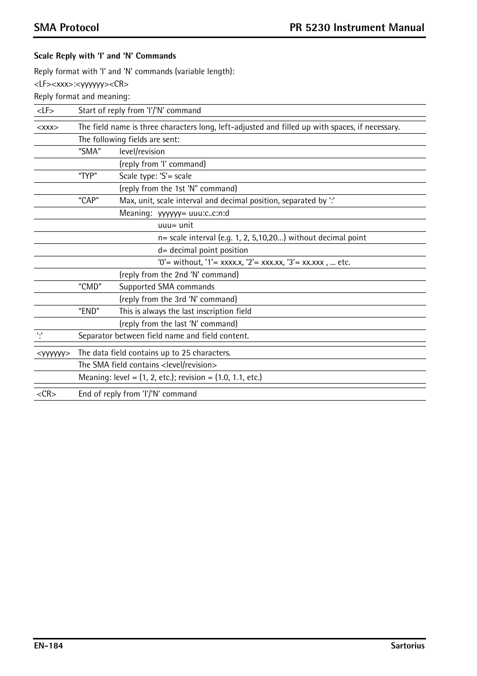 Scale reply with ‘i’ and ‘n’ commands, Sma protocol, Pr 5230 instrument manual | Rice Lake PR5230 Fieldbus Transmitter User Manual | Page 184 / 252