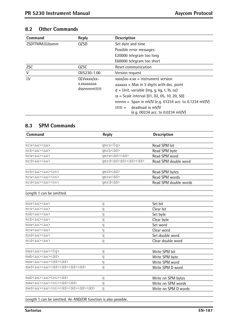 2 other commands, 3 spm commands, Other commands | Spm commands, Pr 5230 instrument manual asycom protocol | Rice Lake PR5230 Fieldbus Transmitter User Manual | Page 187 / 252