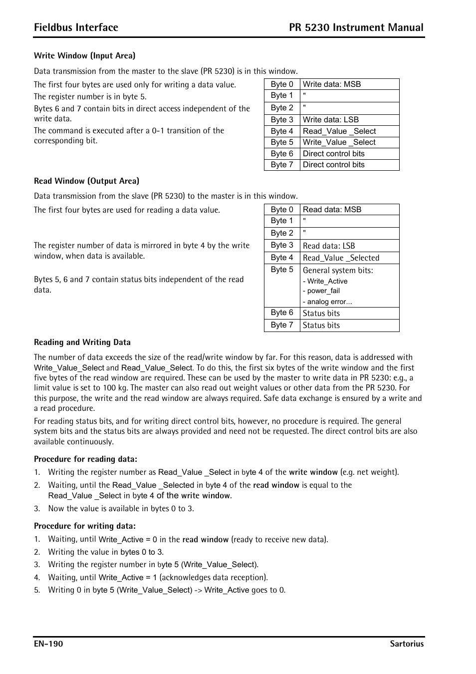 Write window (input area), Read window (output area), Reading and writing data | Fieldbus interface, Pr 5230 instrument manual | Rice Lake PR5230 Fieldbus Transmitter User Manual | Page 190 / 252