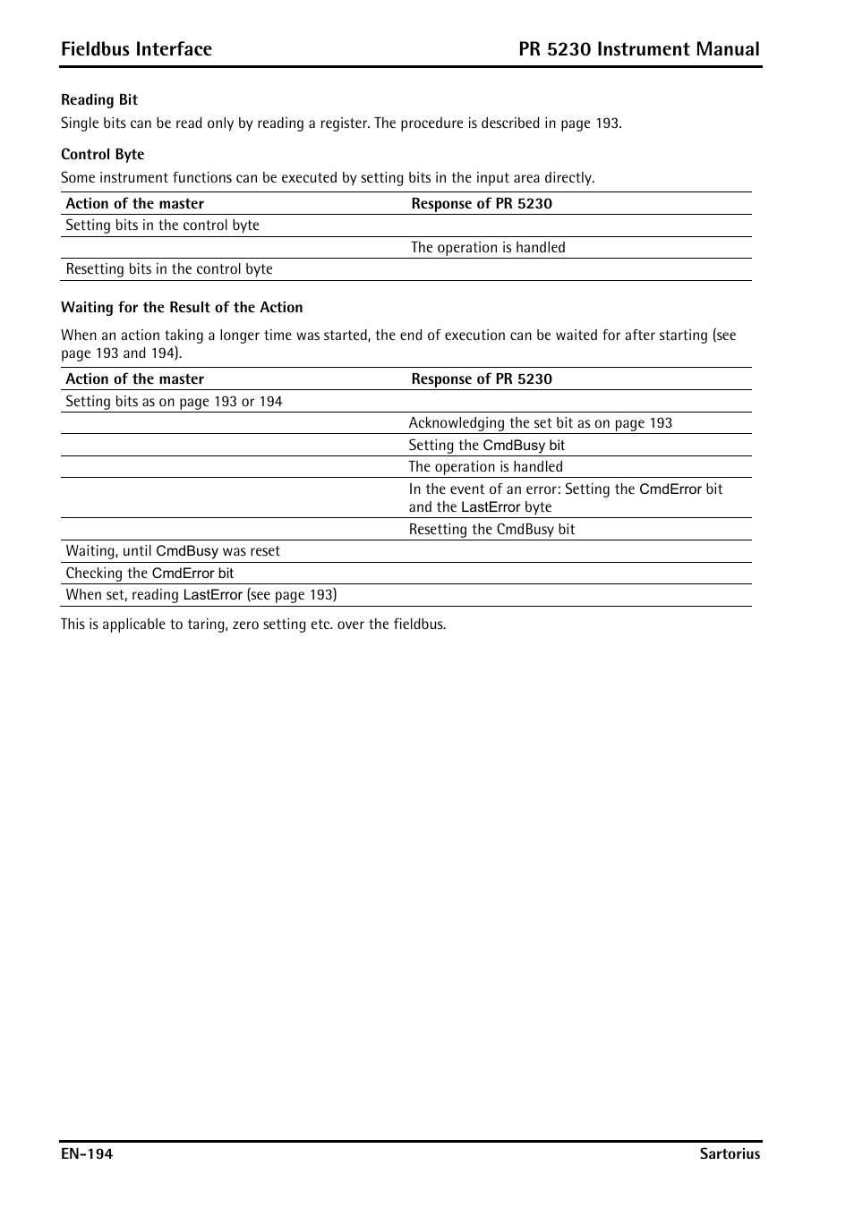 Waiting for the result of the action, Fieldbus interface, Pr 5230 instrument manual | Rice Lake PR5230 Fieldbus Transmitter User Manual | Page 194 / 252