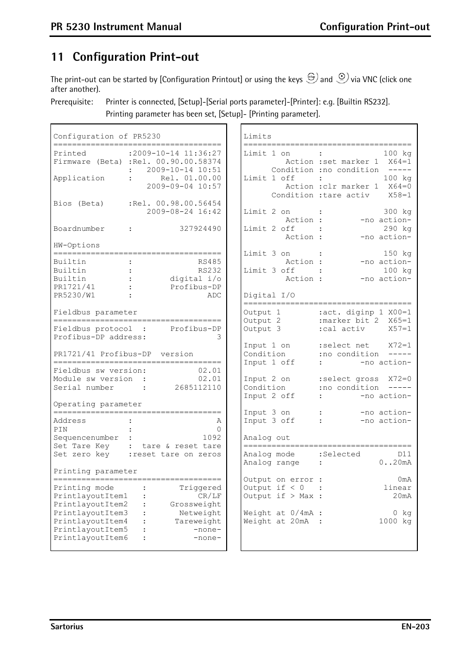 11 configuration print-out, Configuration print-out, Er 11 | Pr 5230 instrument manual configuration print-out | Rice Lake PR5230 Fieldbus Transmitter User Manual | Page 203 / 252