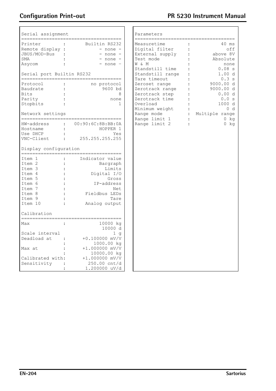 Configuration print-out, Pr 5230 instrument manual | Rice Lake PR5230 Fieldbus Transmitter User Manual | Page 204 / 252