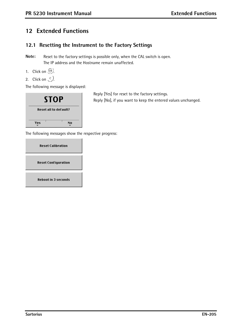 12 extended functions, 1 resetting the instrument to the factory settings, Extended functions | Resetting the instrument to the factory settings, Pr 5230 instrument manual extended functions | Rice Lake PR5230 Fieldbus Transmitter User Manual | Page 205 / 252