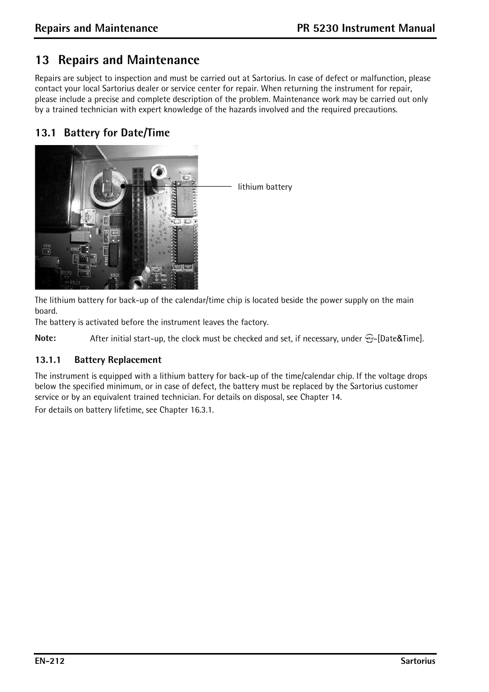 13 repairs and maintenance, 1 battery for date/time, 1 battery replacement | Repairs and maintenance, Battery for date/time, Battery replacement | Rice Lake PR5230 Fieldbus Transmitter User Manual | Page 212 / 252