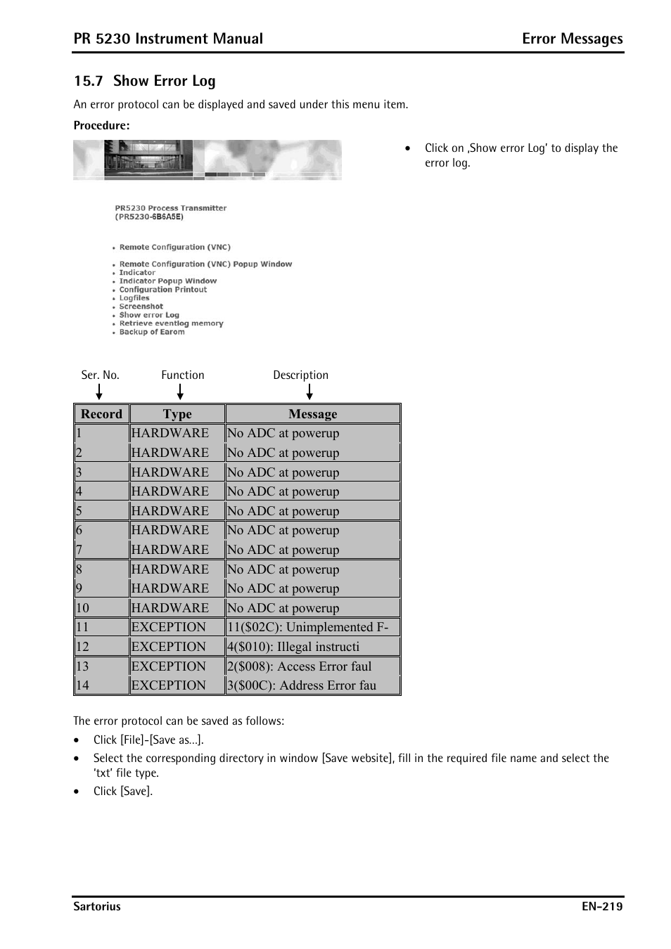 7 show error log, Show error log | Rice Lake PR5230 Fieldbus Transmitter User Manual | Page 219 / 252