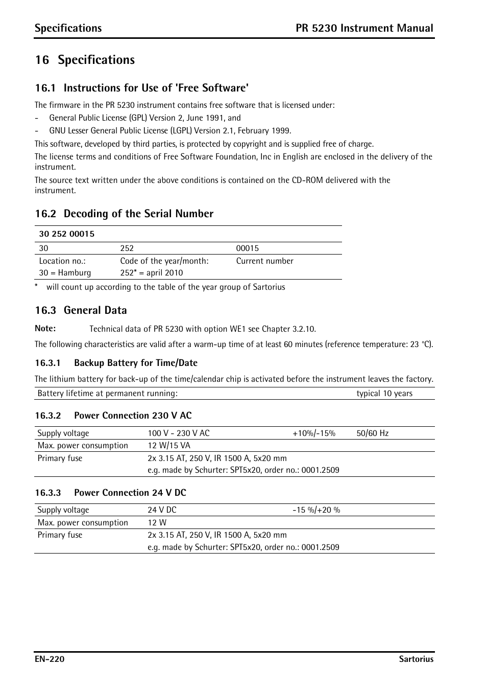 16 specifications, 1 instructions for use of 'free software, 2 decoding of the serial number | 3 general data, 1 backup battery for time/date, 2 power connection 230 v ac, 3 power connection 24 v dc, Specifications, Instructions for use of 'free software, Decoding of the serial number | Rice Lake PR5230 Fieldbus Transmitter User Manual | Page 220 / 252