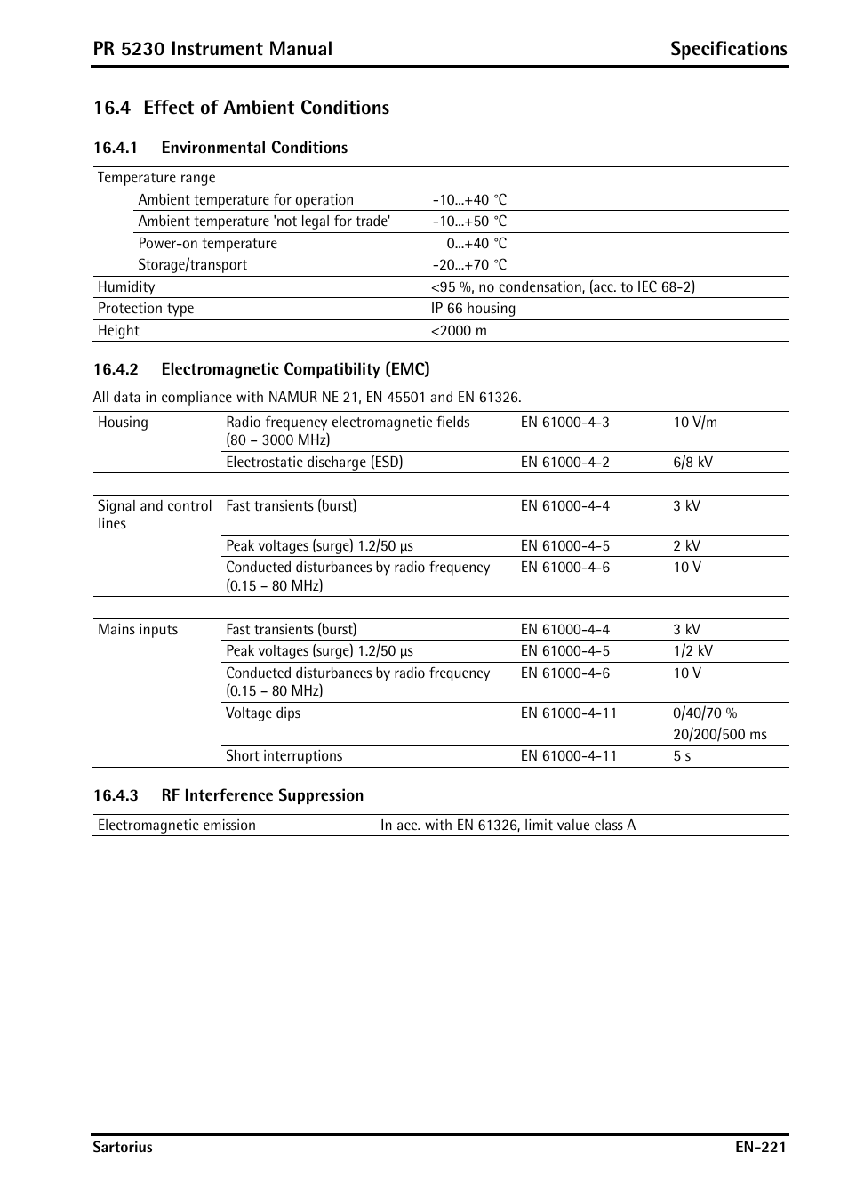 4 effect of ambient conditions, 1 environmental conditions, 2 electromagnetic compatibility (emc) | 3 rf interference suppression, Effect of ambient conditions, Environmental conditions, Electromagnetic compatibility (emc), Rf interference suppression, Pr 5230 instrument manual specifications | Rice Lake PR5230 Fieldbus Transmitter User Manual | Page 221 / 252