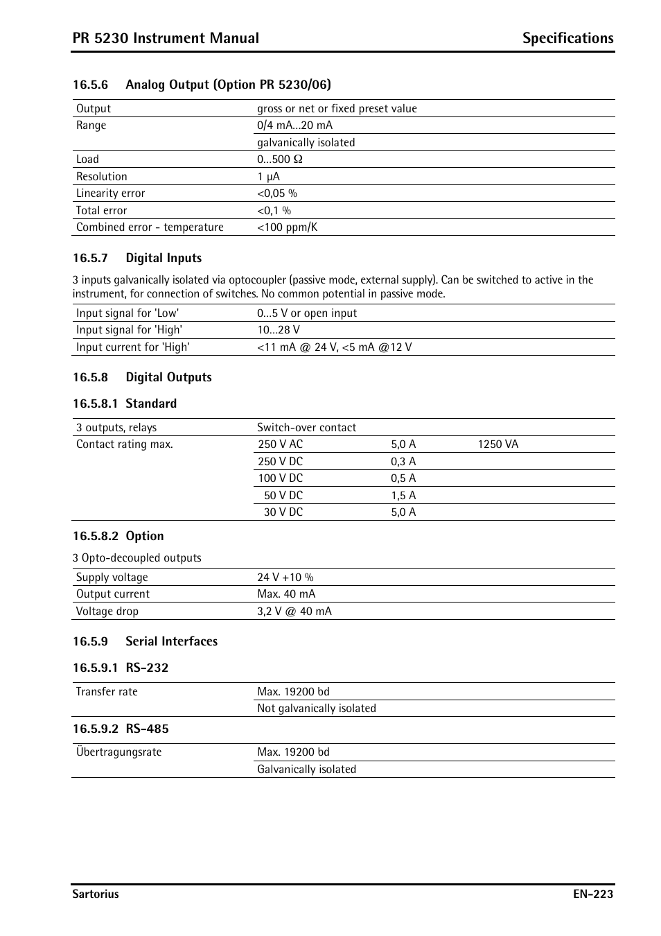 6 analog output (option pr 5230/06), 7 digital inputs, 8 digital outputs | 1 standard, 2 option, 9 serial interfaces, 1 rs-232, 2 rs-485, Analog output (option pr 5230/06), Digital inputs | Rice Lake PR5230 Fieldbus Transmitter User Manual | Page 223 / 252