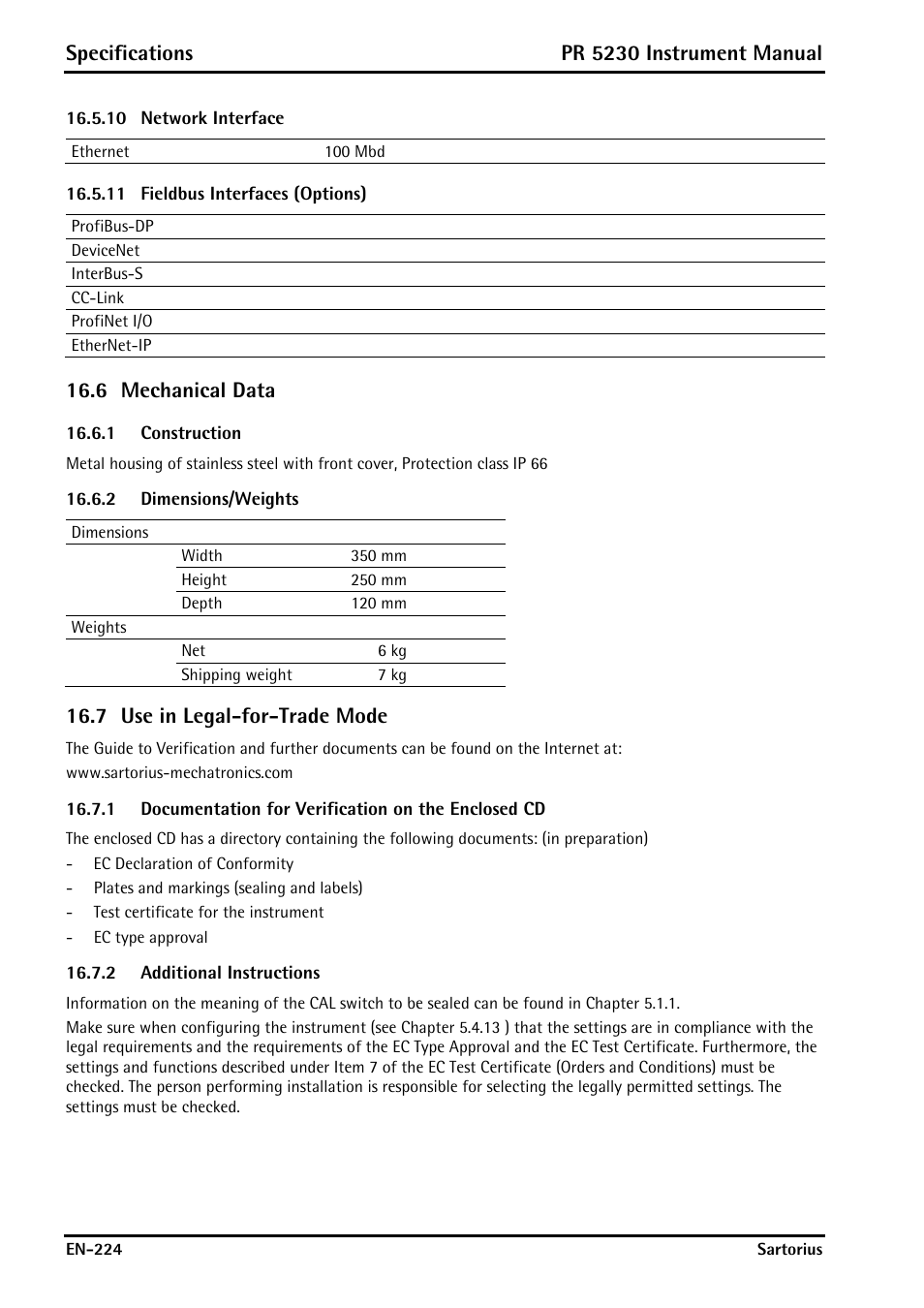 10 network interface, 11 fieldbus interfaces (options), 6 mechanical data | 1 construction, 2 dimensions/weights, 7 use in legal-for-trade mode, 2 additional instructions, Network interface, Fieldbus interfaces (options), Mechanical data | Rice Lake PR5230 Fieldbus Transmitter User Manual | Page 224 / 252