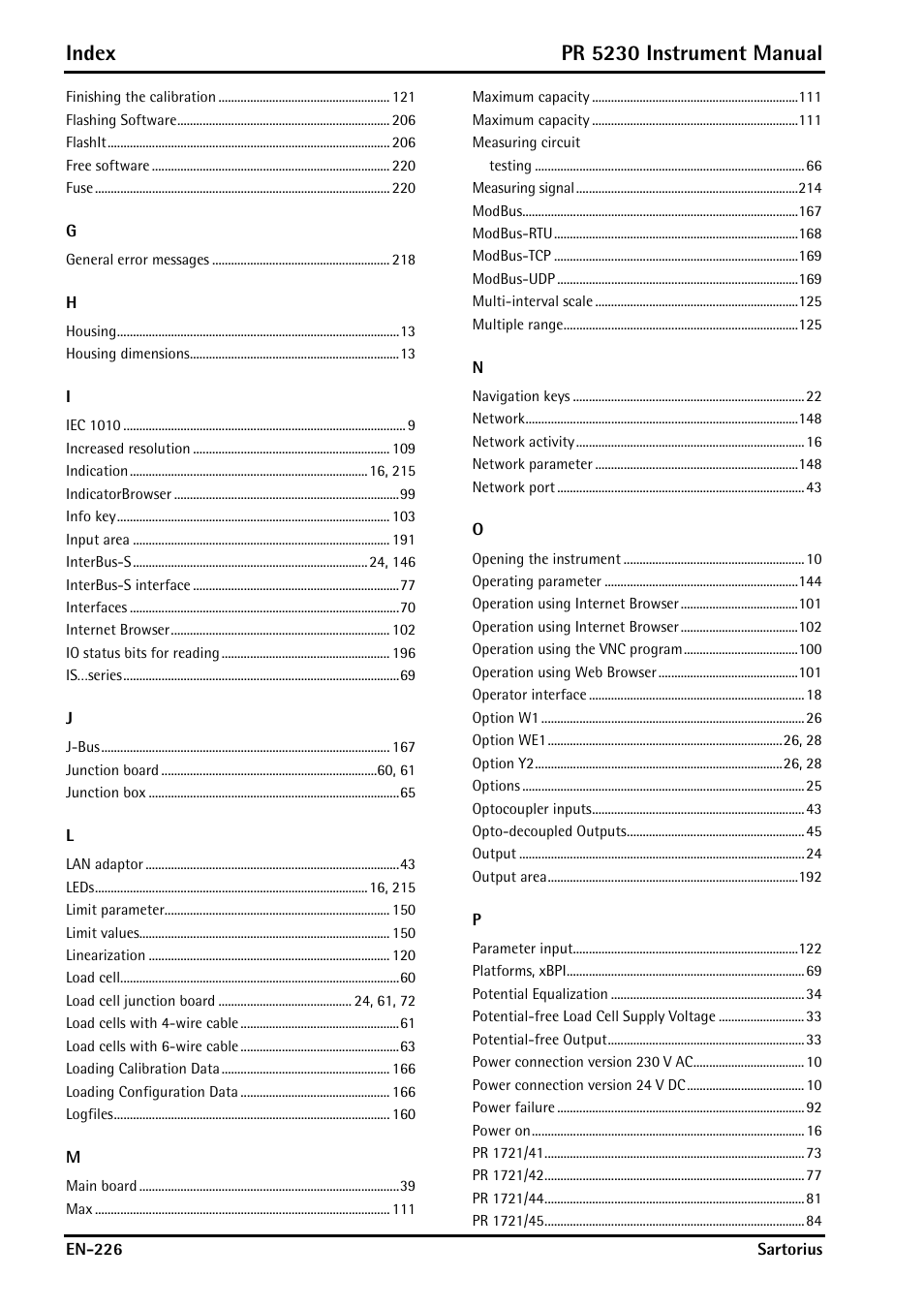 Index, Pr 5230 instrument manual | Rice Lake PR5230 Fieldbus Transmitter User Manual | Page 226 / 252