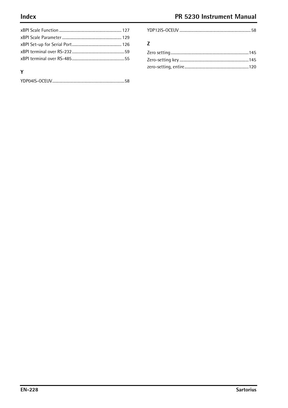 Index, Pr 5230 instrument manual | Rice Lake PR5230 Fieldbus Transmitter User Manual | Page 228 / 252