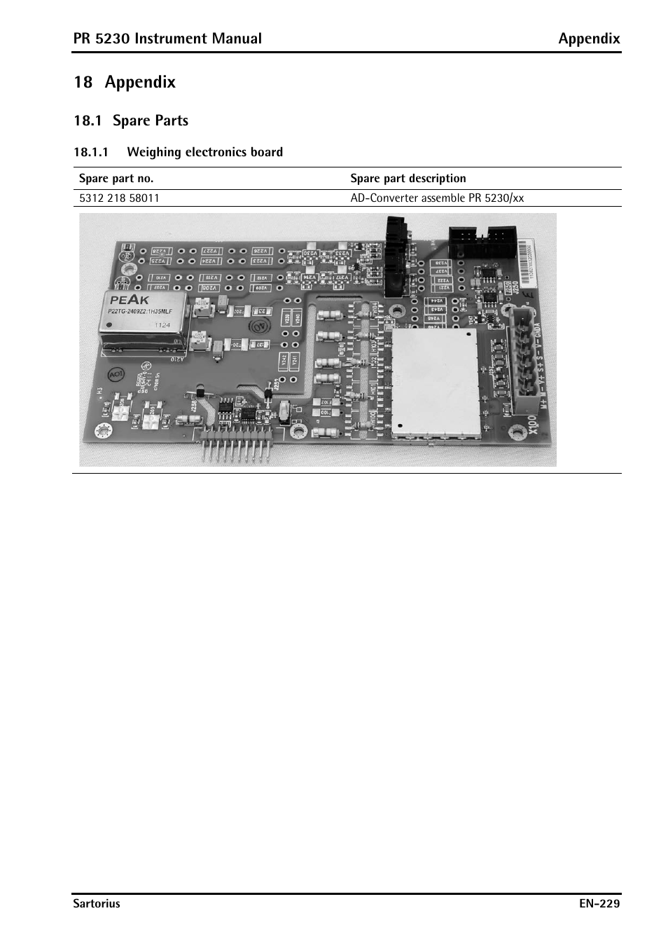 18 appendix, 1 spare parts, 1 weighing electronics board | Appendix, Spare parts, Weighing electronics board | Rice Lake PR5230 Fieldbus Transmitter User Manual | Page 229 / 252