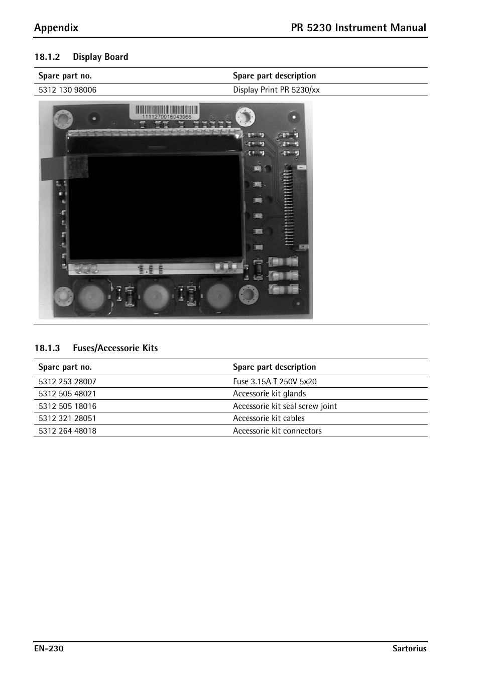 2 display board, 3 fuses/accessorie kits, Display board | Fuses/accessorie kits, Appendix, Pr 5230 instrument manual | Rice Lake PR5230 Fieldbus Transmitter User Manual | Page 230 / 252