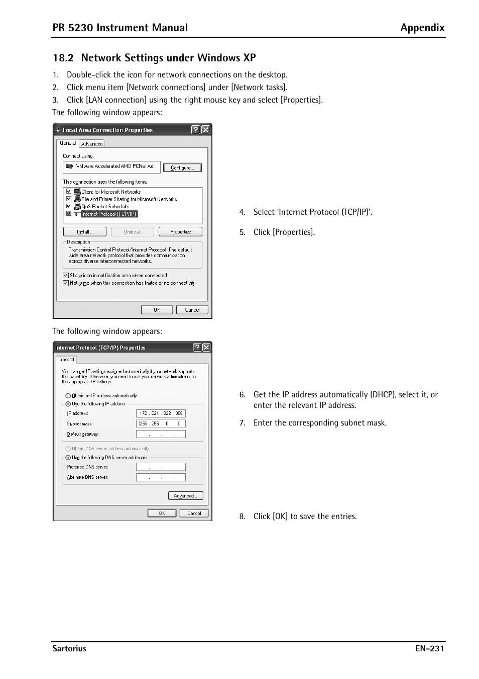 2 network settings under windows xp, Network settings under windows xp, Pr 5230 instrument manual appendix | Rice Lake PR5230 Fieldbus Transmitter User Manual | Page 231 / 252