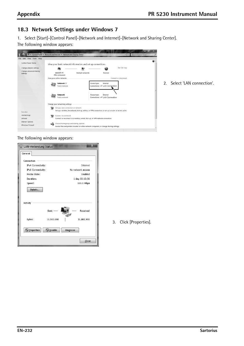 3 network settings under windows 7, Network settings under windows 7, Appendix | Pr 5230 instrument manual | Rice Lake PR5230 Fieldbus Transmitter User Manual | Page 232 / 252