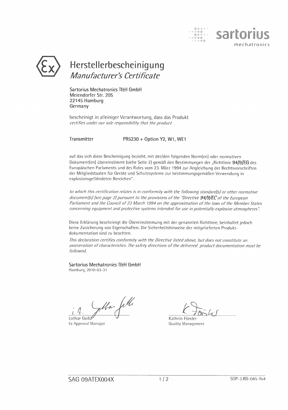 Manufactors certificate-sag 09atex004x_002, Pr5230 sag09atex004x | Rice Lake PR5230 Fieldbus Transmitter User Manual | Page 245 / 252