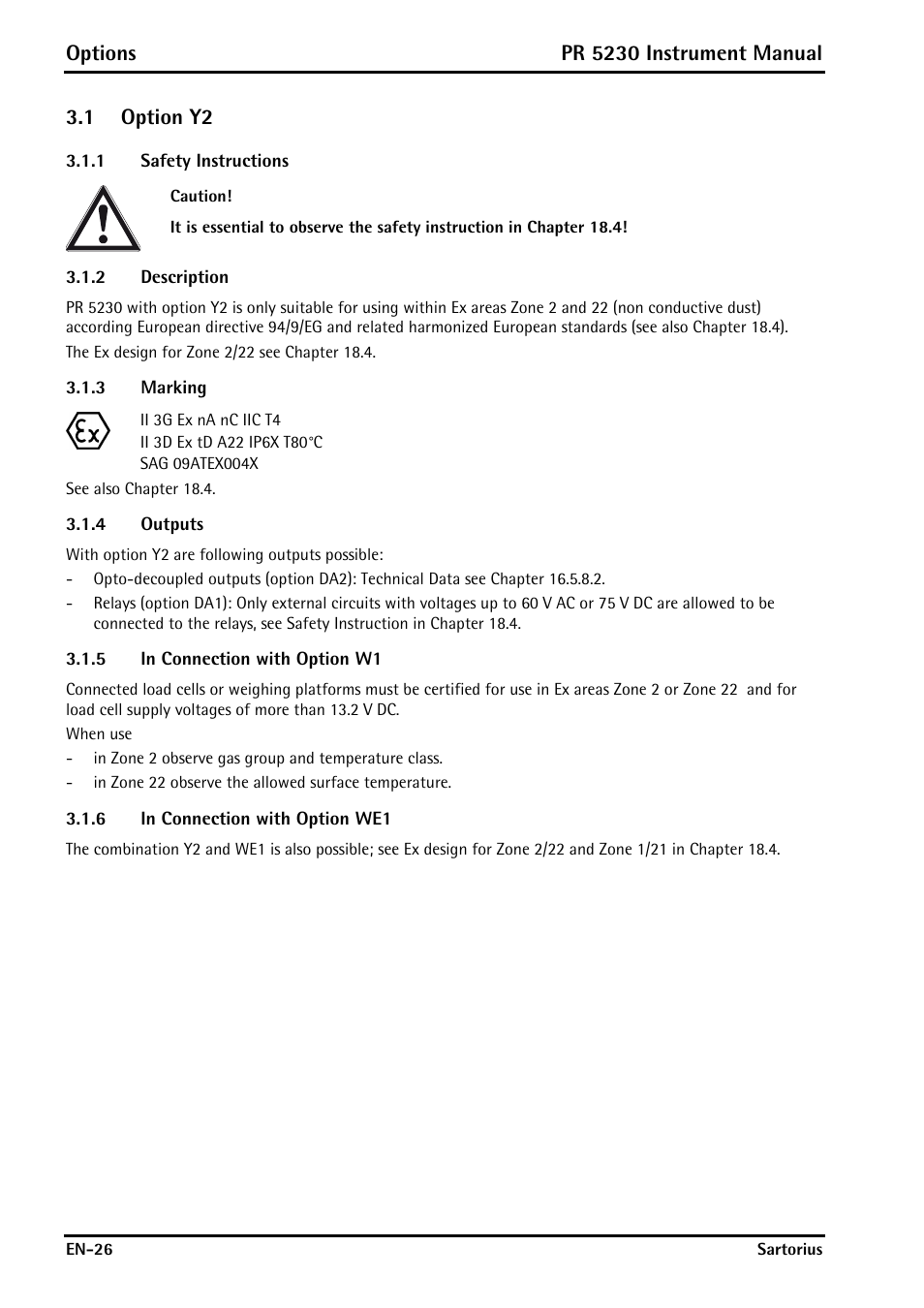 1 option y2, 1 safety instructions, 2 description | 3 marking, 4 outputs, 5 in connection with option w1, 6 in connection with option we1, Option y2, Safety instructions, Description | Rice Lake PR5230 Fieldbus Transmitter User Manual | Page 26 / 252