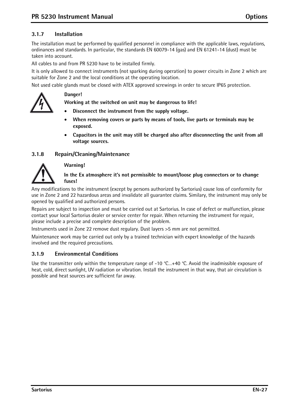 7 installation, 8 repairs/cleaning/maintenance, 9 environmental conditions | Installation, Repairs/cleaning/maintenance, Environmental conditions, Pr 5230 instrument manual options | Rice Lake PR5230 Fieldbus Transmitter User Manual | Page 27 / 252