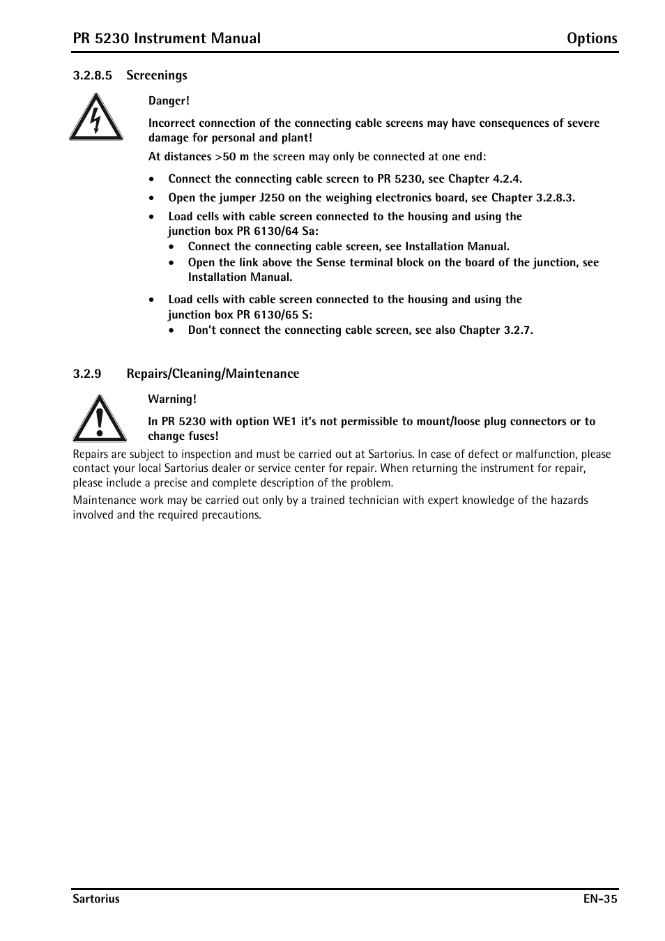 5 screenings, 9 repairs/cleaning/maintenance, Repairs/cleaning/maintenance | Pr 5230 instrument manual options | Rice Lake PR5230 Fieldbus Transmitter User Manual | Page 35 / 252