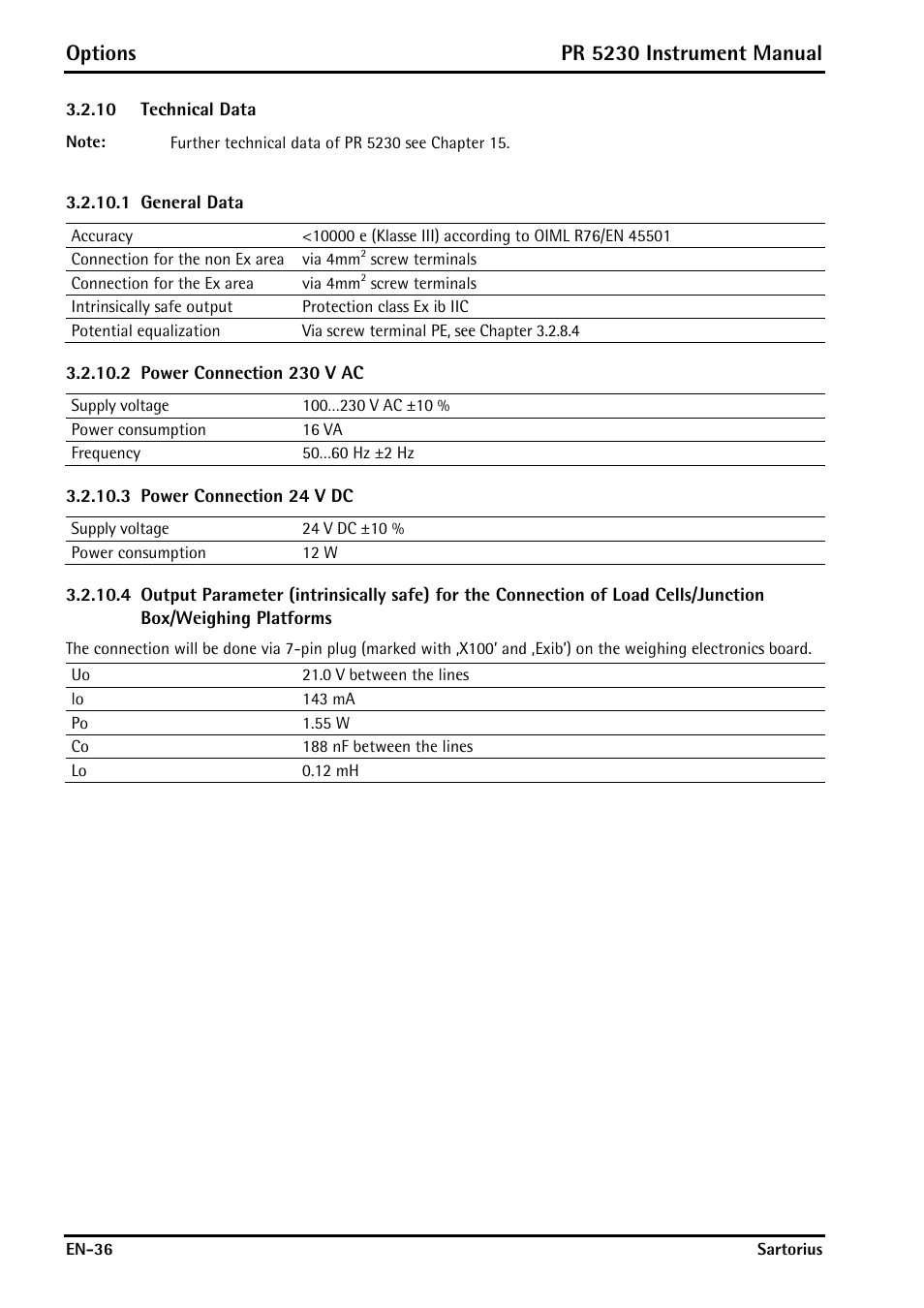 10 technical data, 1 general data, 2 power connection 230 v ac | 3 power connection 24 v dc, Technical data, Options, Pr 5230 instrument manual | Rice Lake PR5230 Fieldbus Transmitter User Manual | Page 36 / 252