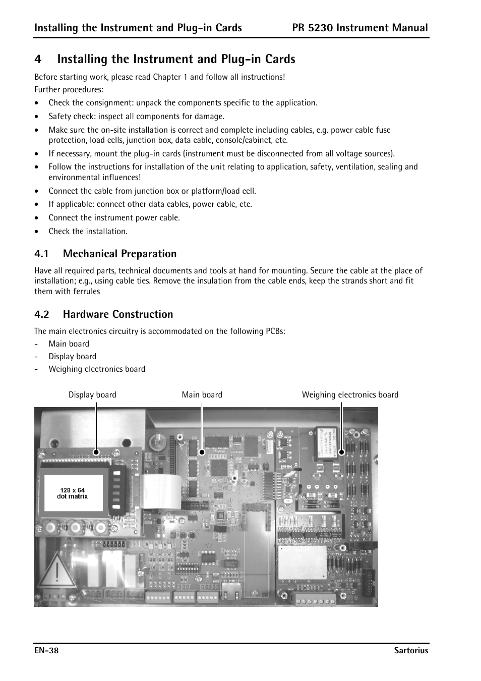 4 installing the instrument and plug-in cards, 1 mechanical preparation, 2 hardware construction | Installing the instrument and plug-in cards, Mechanical preparation, Hardware construction, 4installing the instrument and plug-in cards | Rice Lake PR5230 Fieldbus Transmitter User Manual | Page 38 / 252