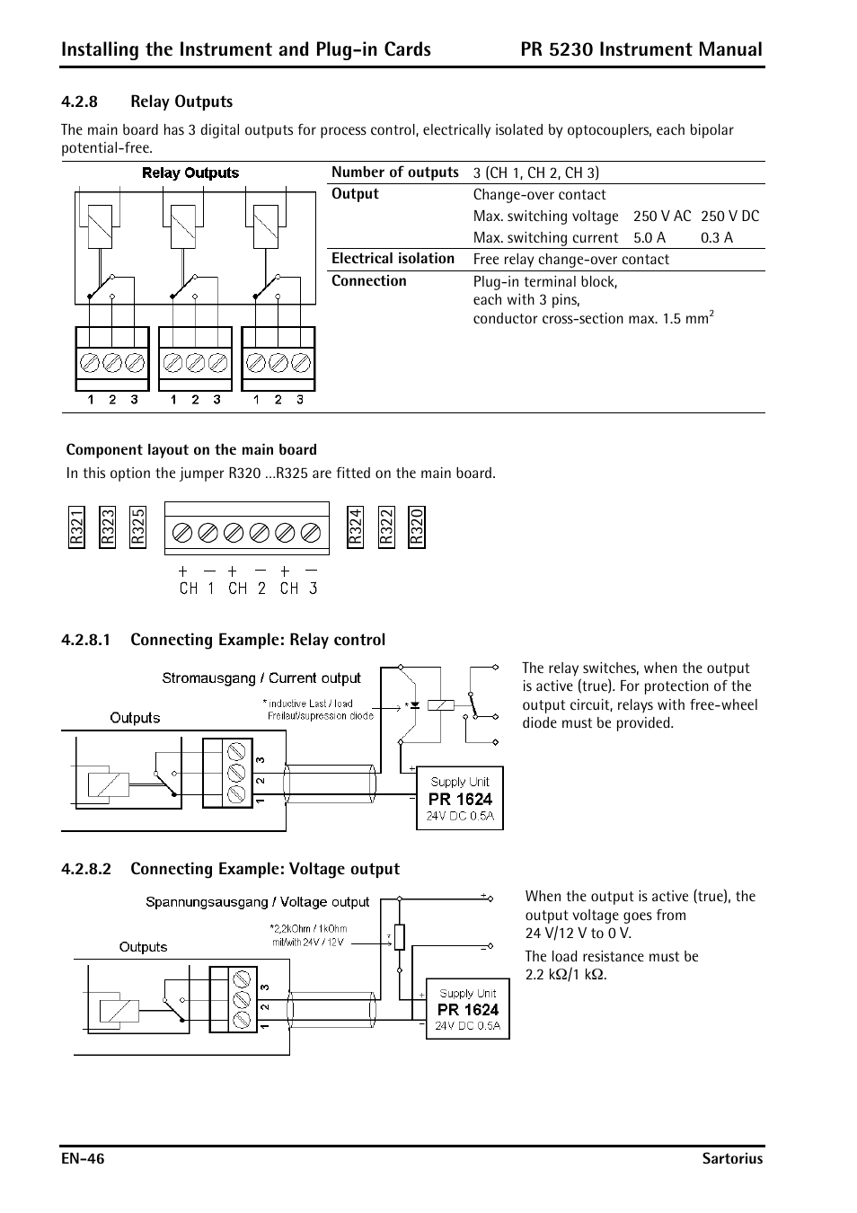 8 relay outputs, 1 connecting example: relay control, 2 connecting example: voltage output | Relay outputs, Installing the instrument and plug-in cards, Pr 5230 instrument manual | Rice Lake PR5230 Fieldbus Transmitter User Manual | Page 46 / 252