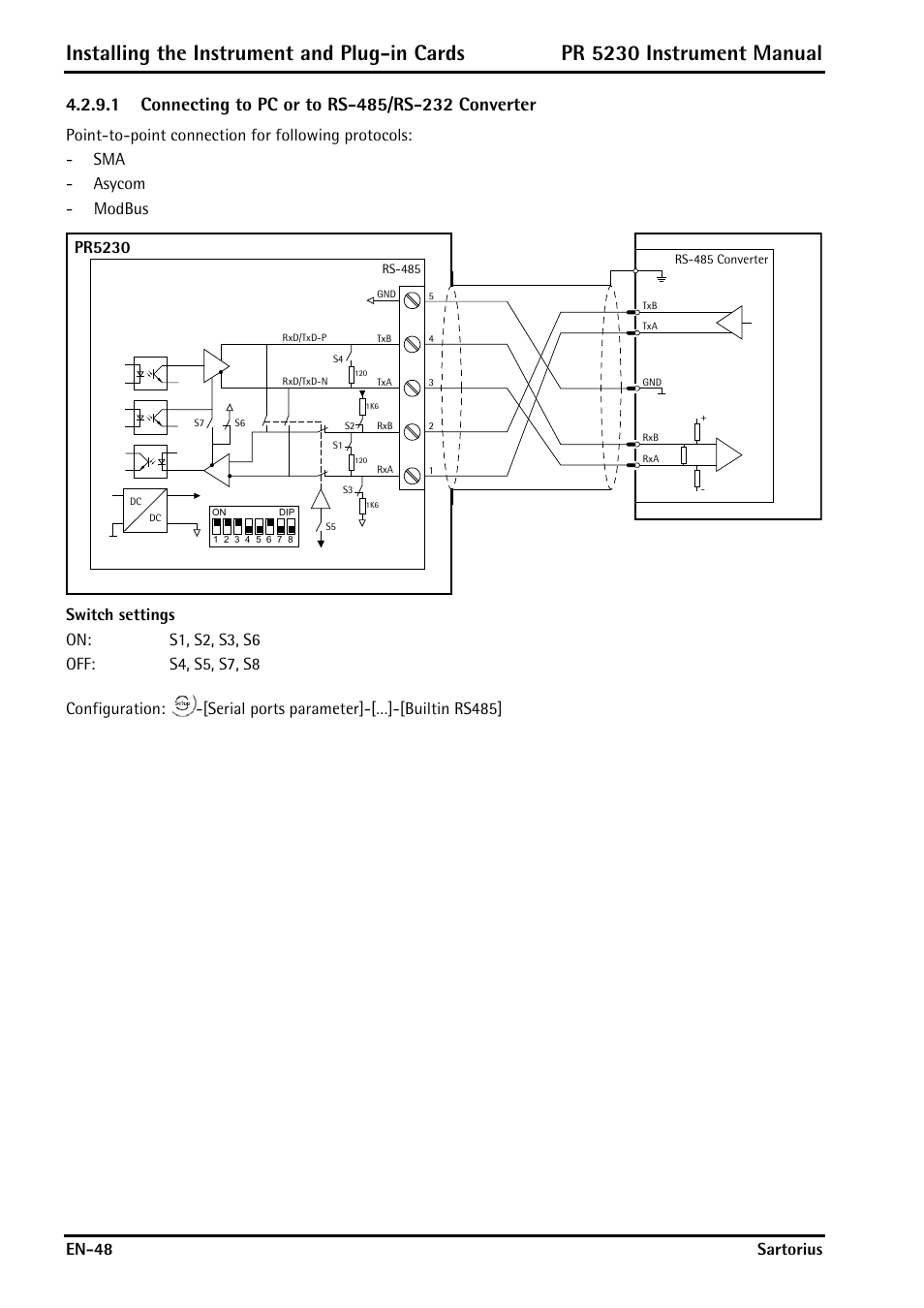 1 connecting to pc or to rs-485/rs-232 converter, Installing the instrument and plug-in cards, Pr 5230 instrument manual | En-48 sartorius, Pr5230 | Rice Lake PR5230 Fieldbus Transmitter User Manual | Page 48 / 252