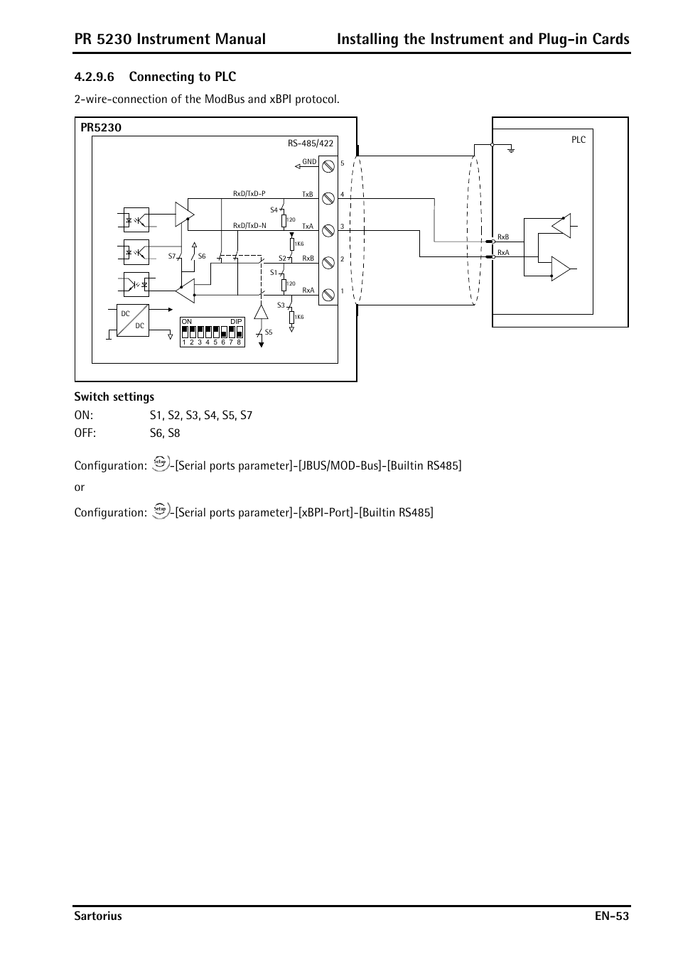 6 connecting to plc, Sartorius en-53, Wire-connection of the modbus and xbpi protocol | Pr5230 | Rice Lake PR5230 Fieldbus Transmitter User Manual | Page 53 / 252