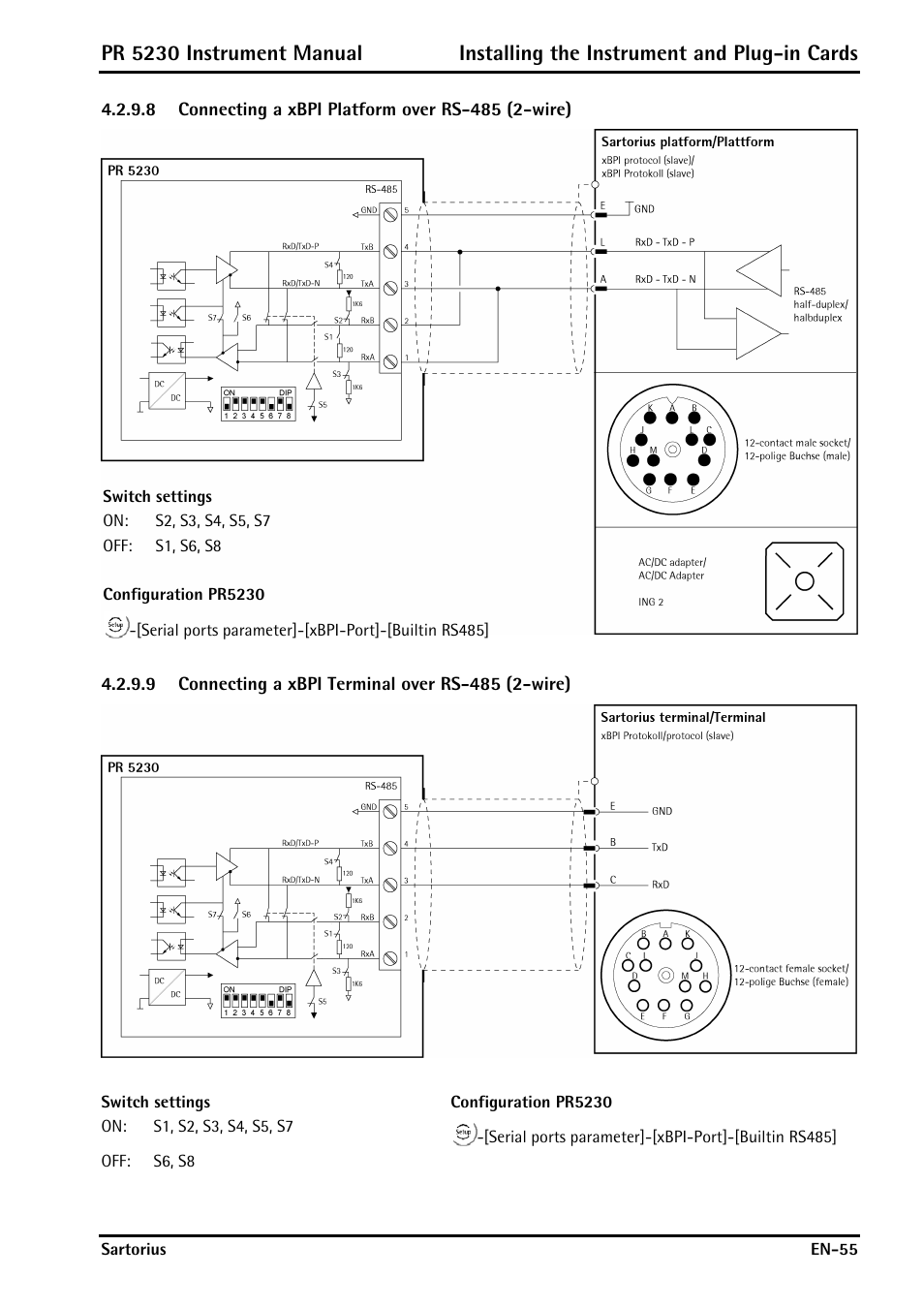 8 connecting a xbpi platform over rs-485 (2-wire), 9 connecting a xbpi terminal over rs-485 (2-wire) | Rice Lake PR5230 Fieldbus Transmitter User Manual | Page 55 / 252