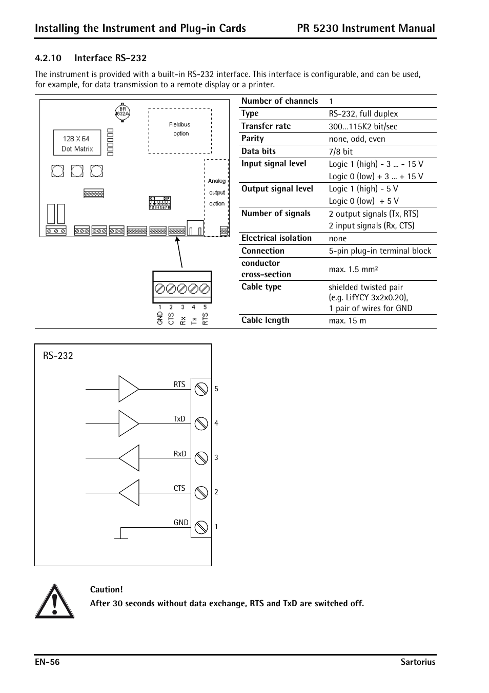 10 interface rs-232, Interface rs-232, Installing the instrument and plug-in cards | Pr 5230 instrument manual | Rice Lake PR5230 Fieldbus Transmitter User Manual | Page 56 / 252