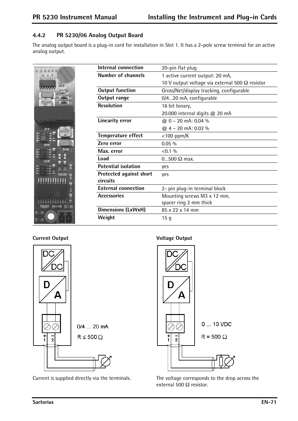 2 pr 5230/06 analog output board, Pr 5230/06 analog output board | Rice Lake PR5230 Fieldbus Transmitter User Manual | Page 71 / 252