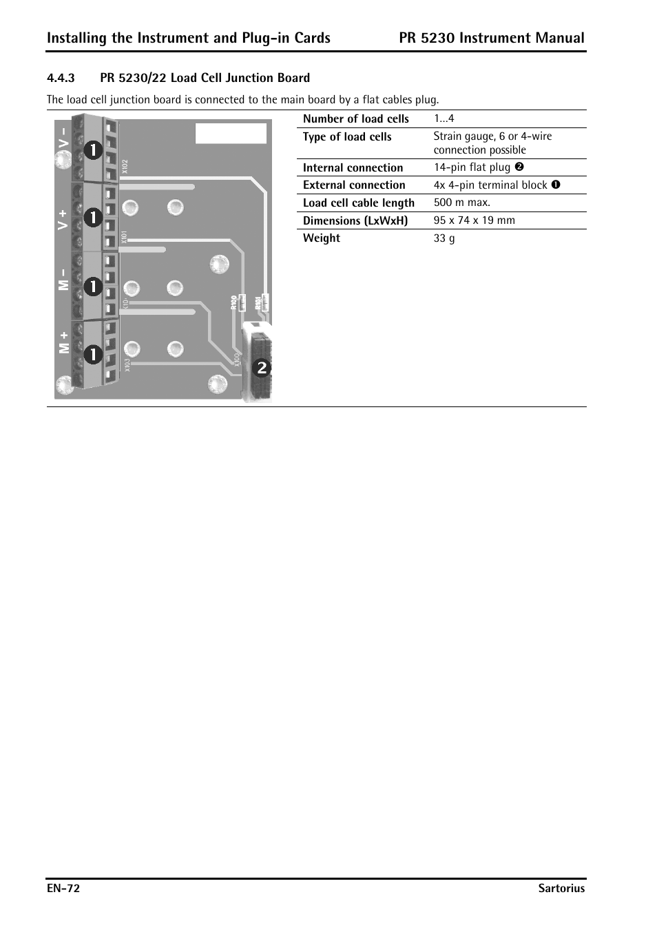 3 pr 5230/22 load cell junction board, Pr 5230/22 load cell junction board, Installing the instrument and plug-in cards | Pr 5230 instrument manual | Rice Lake PR5230 Fieldbus Transmitter User Manual | Page 72 / 252