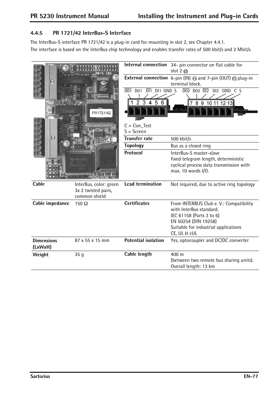 5 pr 1721/42 interbus-s interface, Pr 1721/42 interbus-s interface | Rice Lake PR5230 Fieldbus Transmitter User Manual | Page 77 / 252