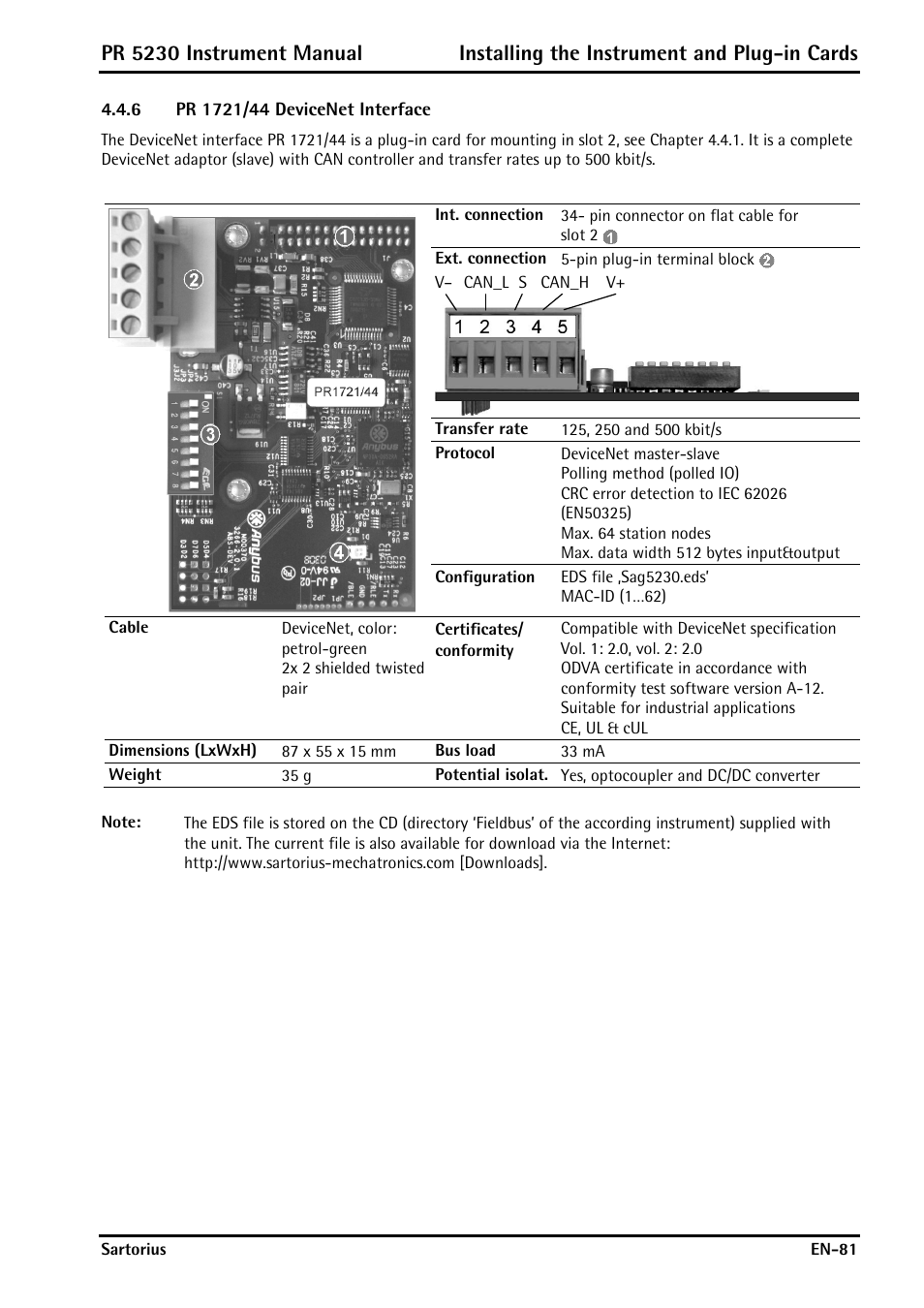 6 pr 1721/44 devicenet interface, Pr 1721/44 devicenet interface | Rice Lake PR5230 Fieldbus Transmitter User Manual | Page 81 / 252
