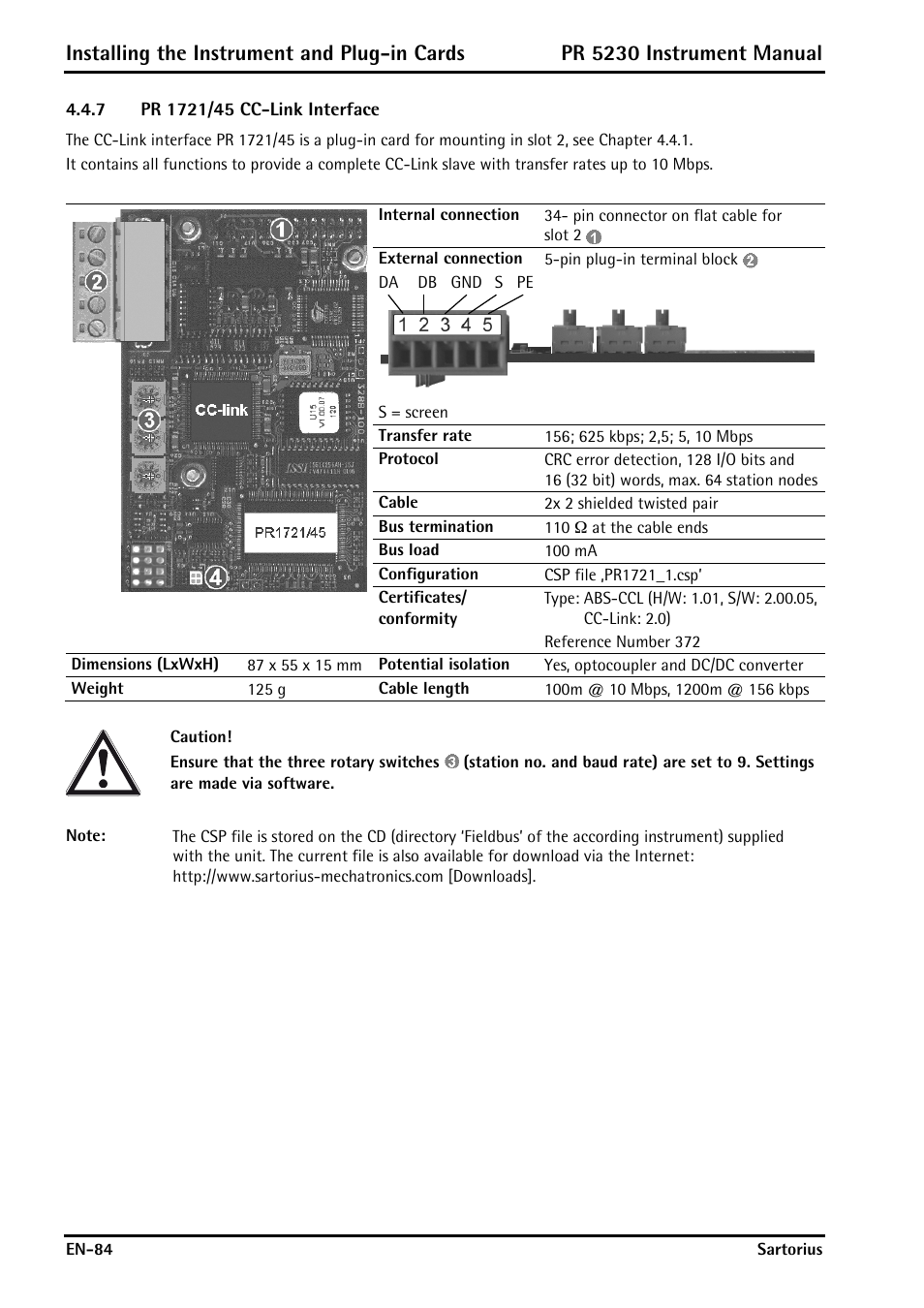 7 pr 1721/45 cc-link interface, Pr 1721/45 cc-link interface, Installing the instrument and plug-in cards | Pr 5230 instrument manual | Rice Lake PR5230 Fieldbus Transmitter User Manual | Page 84 / 252