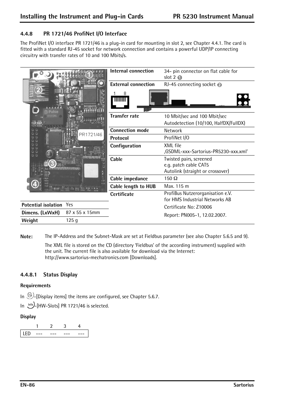 8 pr 1721/46 profinet i/o interface, 1 status display, Display | Pr 1721/46 profinet i/o interface, Installing the instrument and plug-in cards, Pr 5230 instrument manual | Rice Lake PR5230 Fieldbus Transmitter User Manual | Page 86 / 252