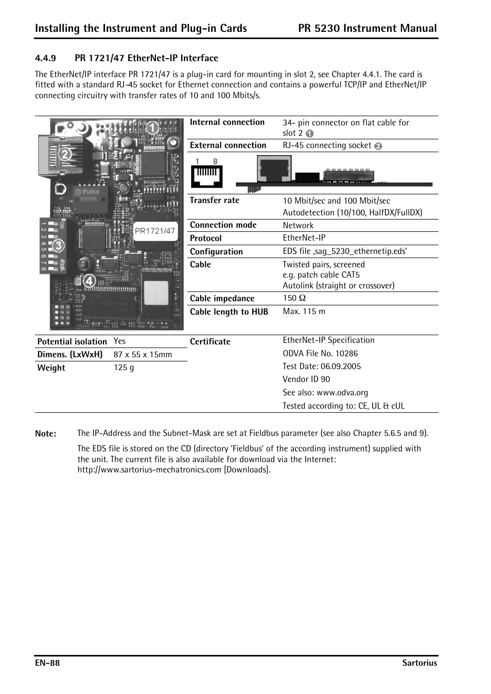 9 pr 1721/47 ethernet-ip interface, Pr 1721/47 ethernet-ip interface, Installing the instrument and plug-in cards | Pr 5230 instrument manual | Rice Lake PR5230 Fieldbus Transmitter User Manual | Page 88 / 252