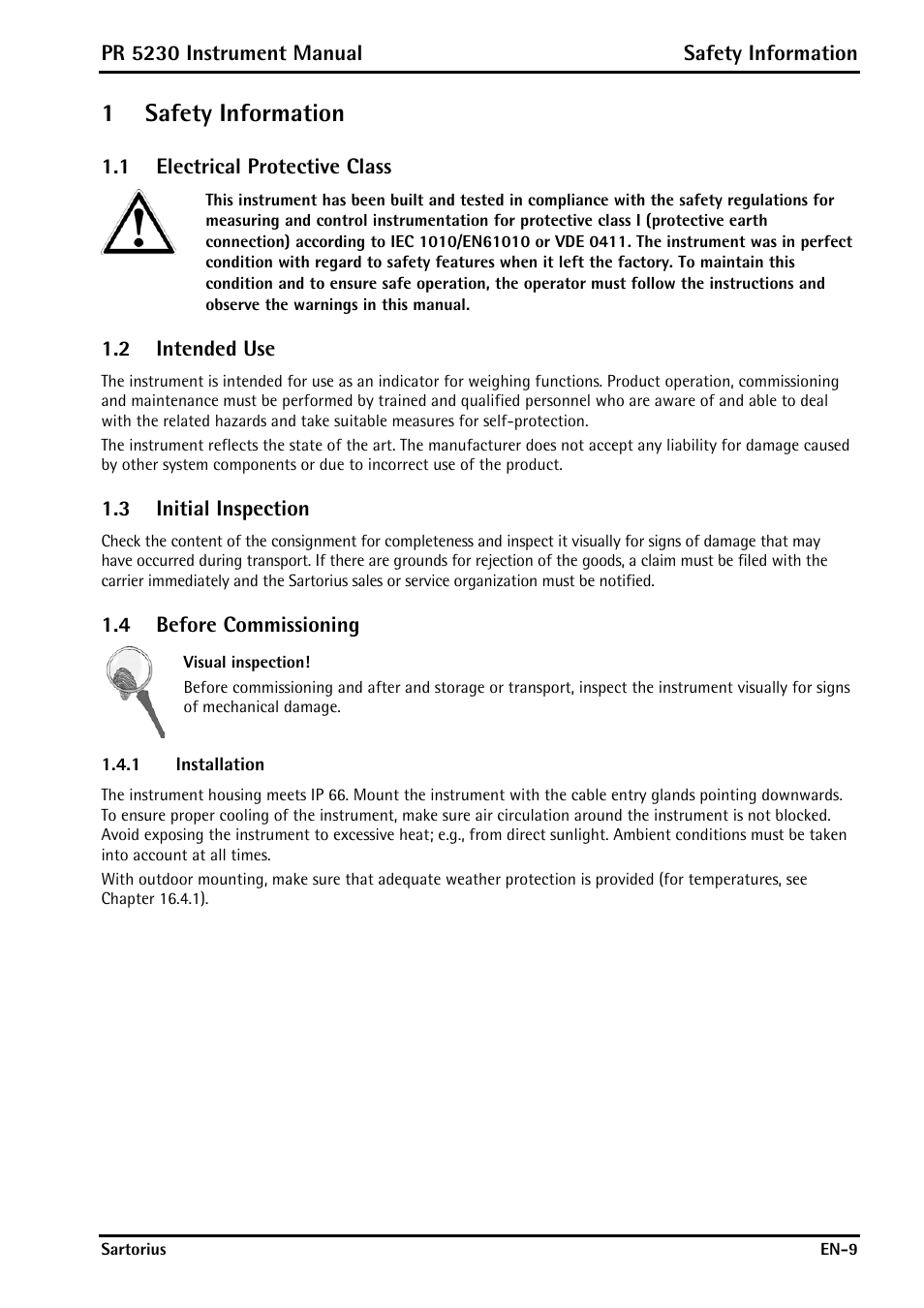 1 safety information, 1 electrical protective class, 2 intended use | 3 initial inspection, 4 before commissioning, 1 installation, Safety information, Electrical protective class, Intended use, Initial inspection | Rice Lake PR5230 Fieldbus Transmitter User Manual | Page 9 / 252