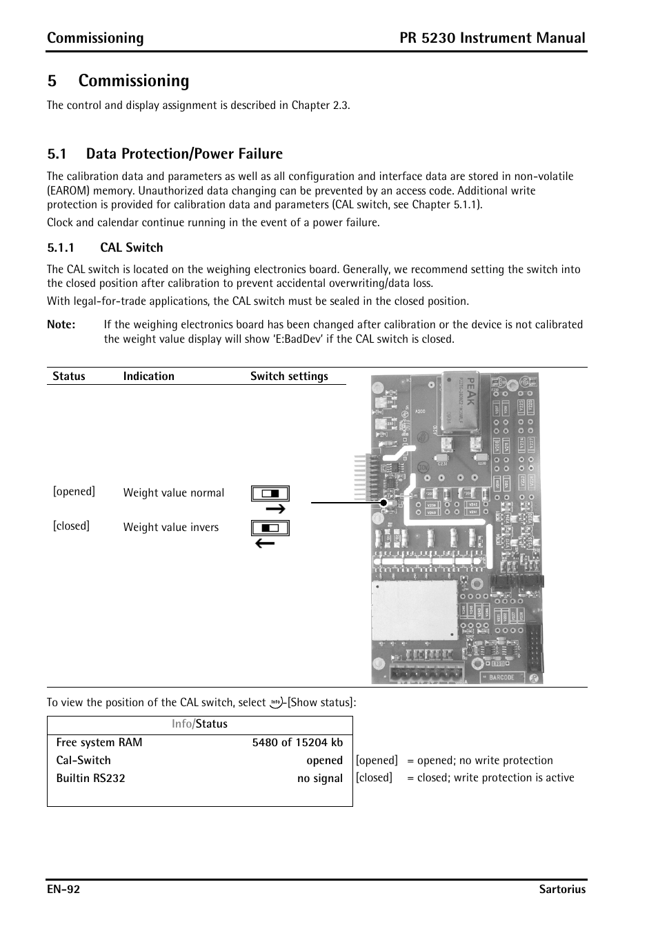 5 commissioning, 1 data protection/power failure, 1 cal switch | Commissioning, Data protection/power failure, Cal switch, 5commissioning, Pr 5230 instrument manual | Rice Lake PR5230 Fieldbus Transmitter User Manual | Page 92 / 252