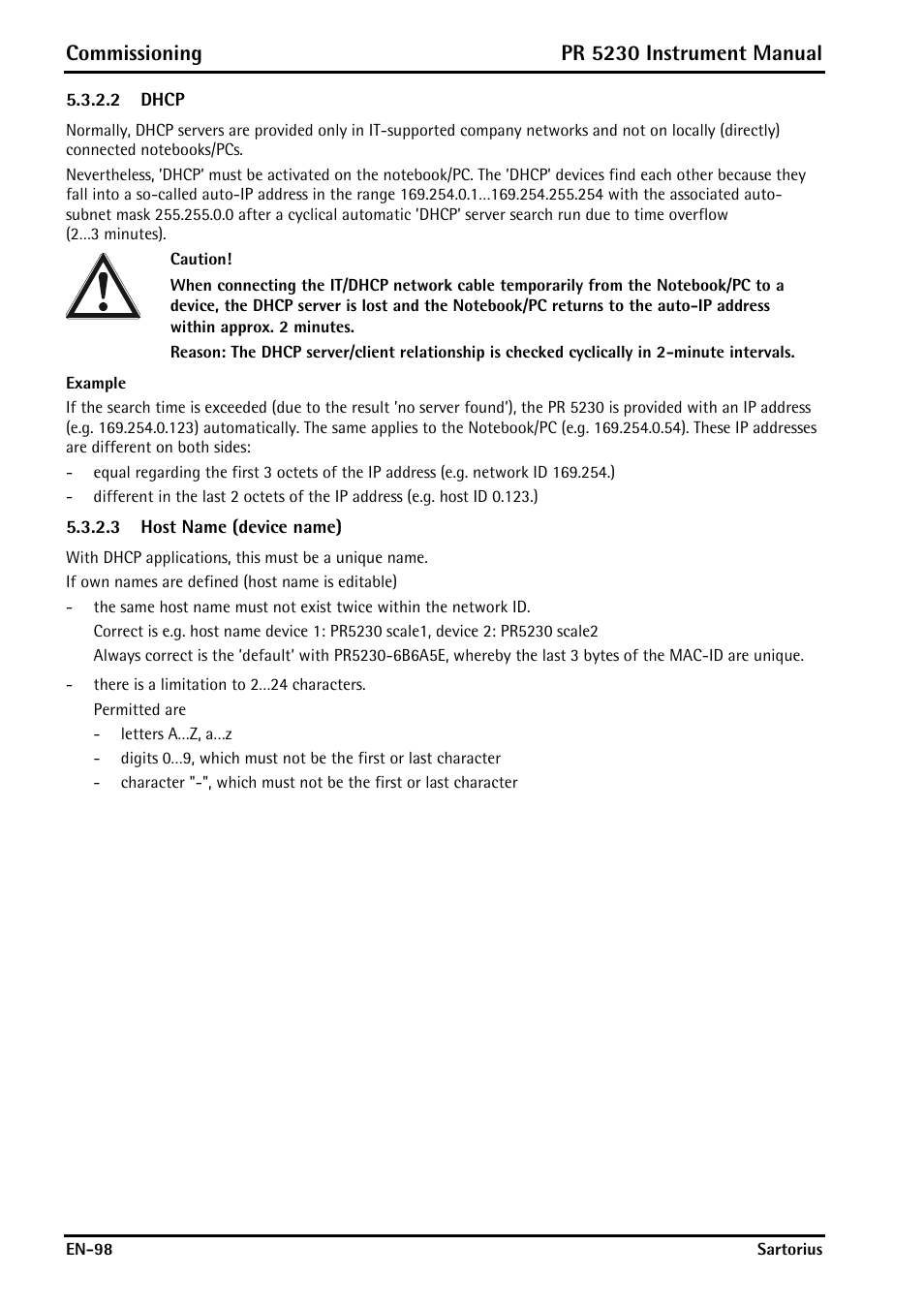 2 dhcp, 3 host name (device name), Commissioning | Pr 5230 instrument manual | Rice Lake PR5230 Fieldbus Transmitter User Manual | Page 98 / 252