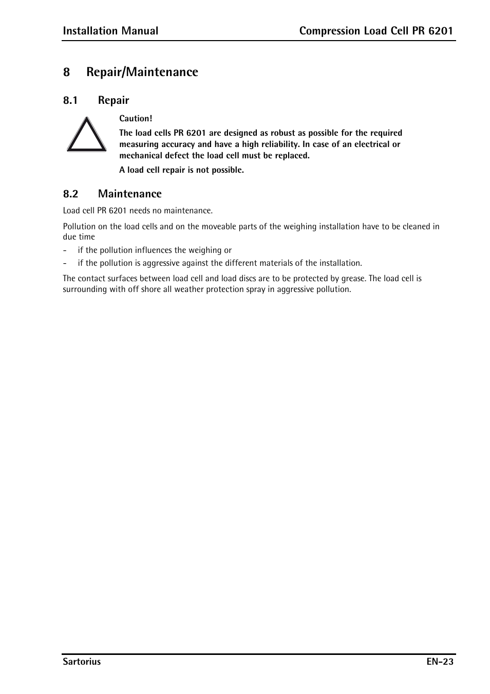 8 repair/maintenance, 1 repair, 2 maintenance | 8repair/maintenance | Rice Lake PR6201 Zinc-Plated Steel Star Mount Kits User Manual | Page 25 / 86