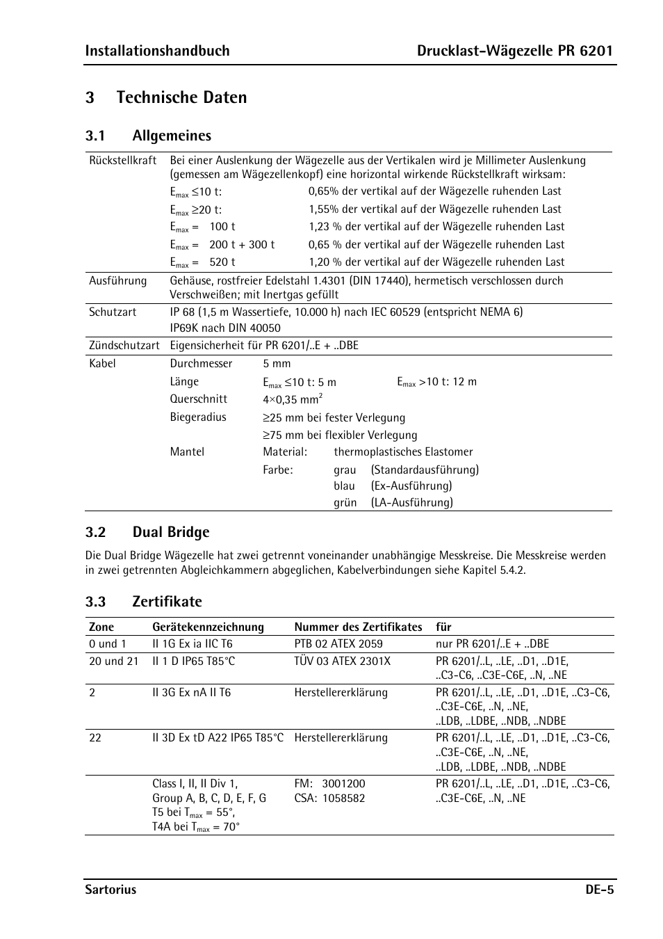 3 technische daten, 1 allgemeines, 2 dual bridge | 3 zertifikate, 3technische daten, Installationshandbuch drucklast-wägezelle pr 6201 | Rice Lake PR6201 Zinc-Plated Steel Star Mount Kits User Manual | Page 33 / 86