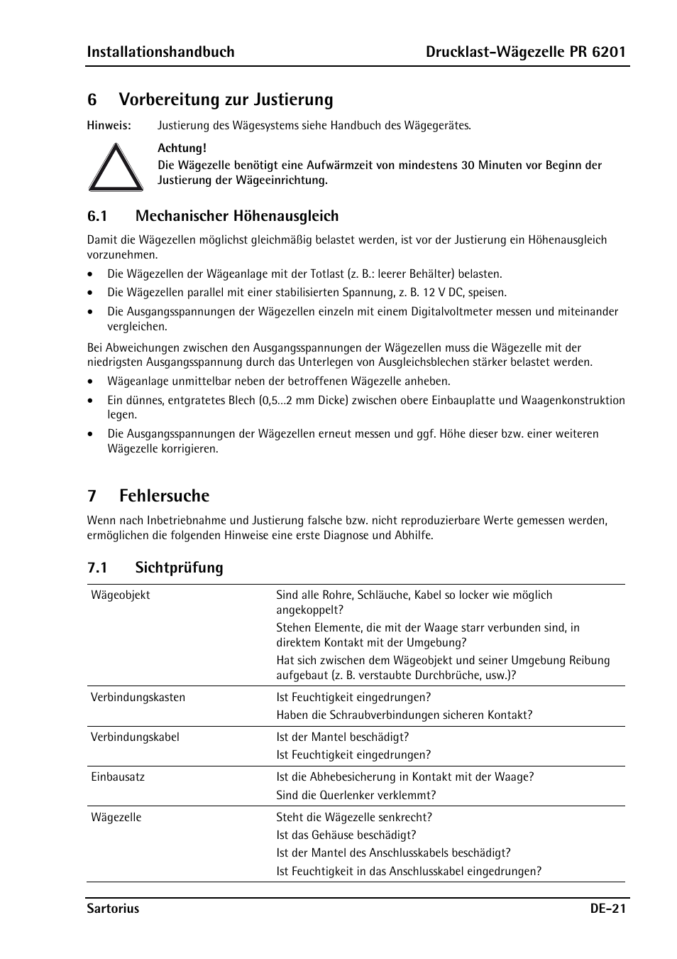 6 vorbereitung zur justierung, 1 mechanischer höhenausgleich, 7 fehlersuche | 1 sichtprüfung, 6vorbereitung zur justierung, 7fehlersuche, Installationshandbuch drucklast-wägezelle pr 6201 | Rice Lake PR6201 Zinc-Plated Steel Star Mount Kits User Manual | Page 49 / 86