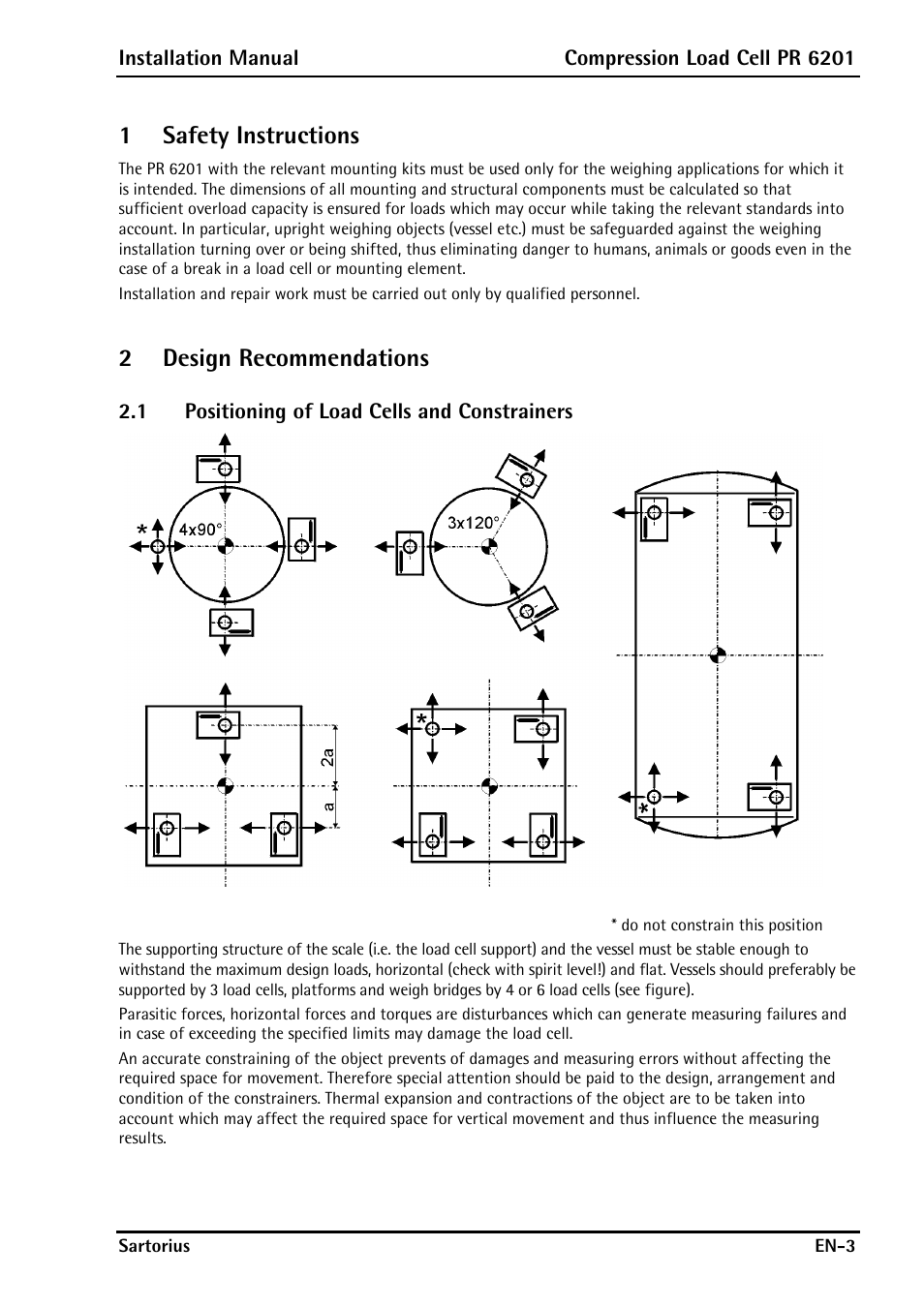 1 safety instructions, 2 design recommendations, 1 positioning of load cells and constrainers | 1safety instructions, 2design recommendations | Rice Lake PR6201 Zinc-Plated Steel Star Mount Kits User Manual | Page 5 / 86