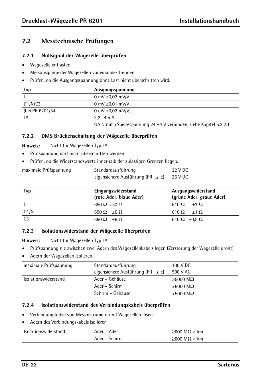 2 messtechnische prüfungen, 1 nullsignal der wägezelle überprüfen, 2 dms brückenschaltung der wägezelle überprüfen | 3 isolationswiderstand der wägezelle überprüfen, Drucklast-wägezelle pr 6201 installationshandbuch | Rice Lake PR6201 Zinc-Plated Steel Star Mount Kits User Manual | Page 50 / 86