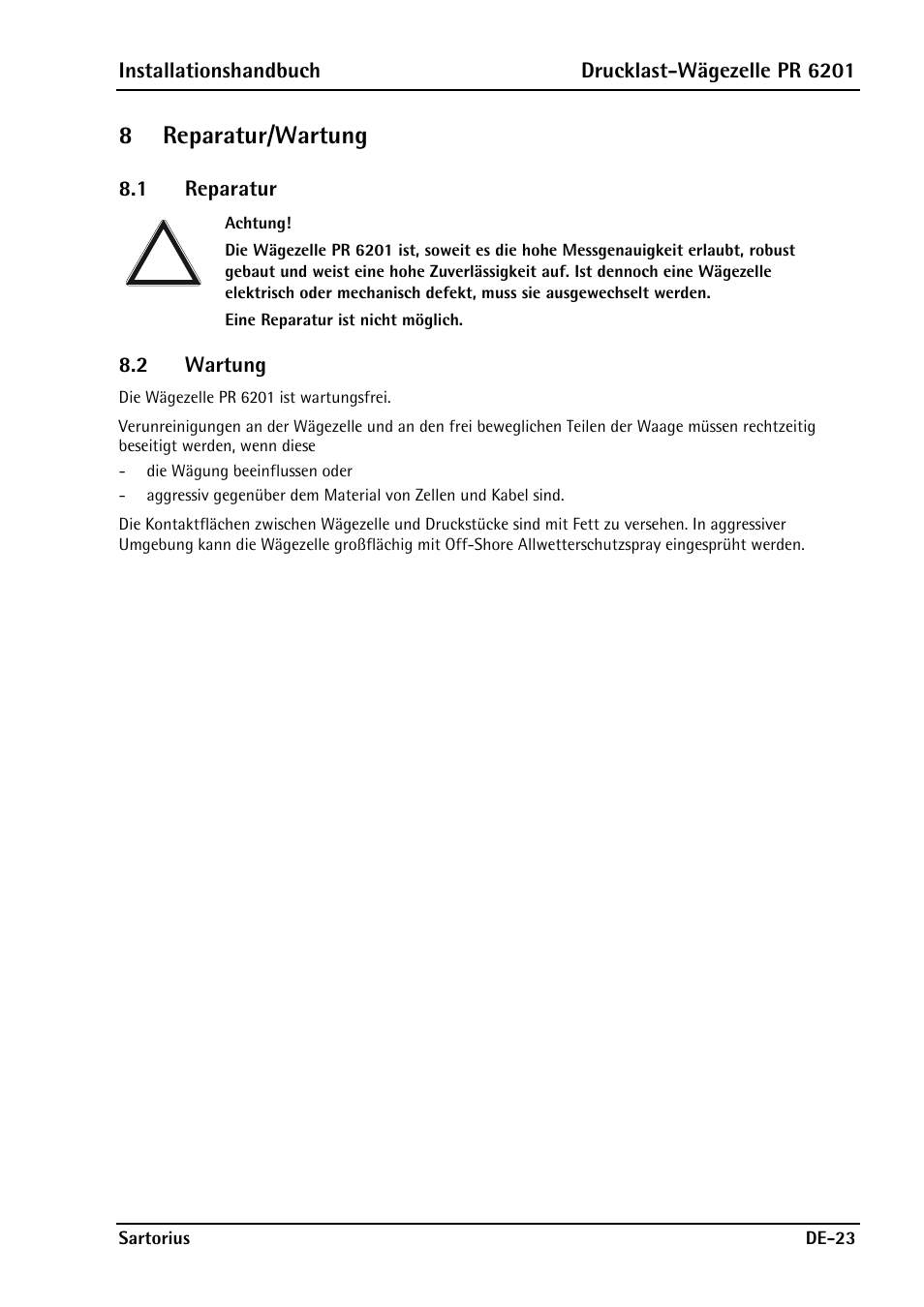 8 reparatur/wartung, 1 reparatur, 2 wartung | 8reparatur/wartung | Rice Lake PR6201 Zinc-Plated Steel Star Mount Kits User Manual | Page 51 / 86