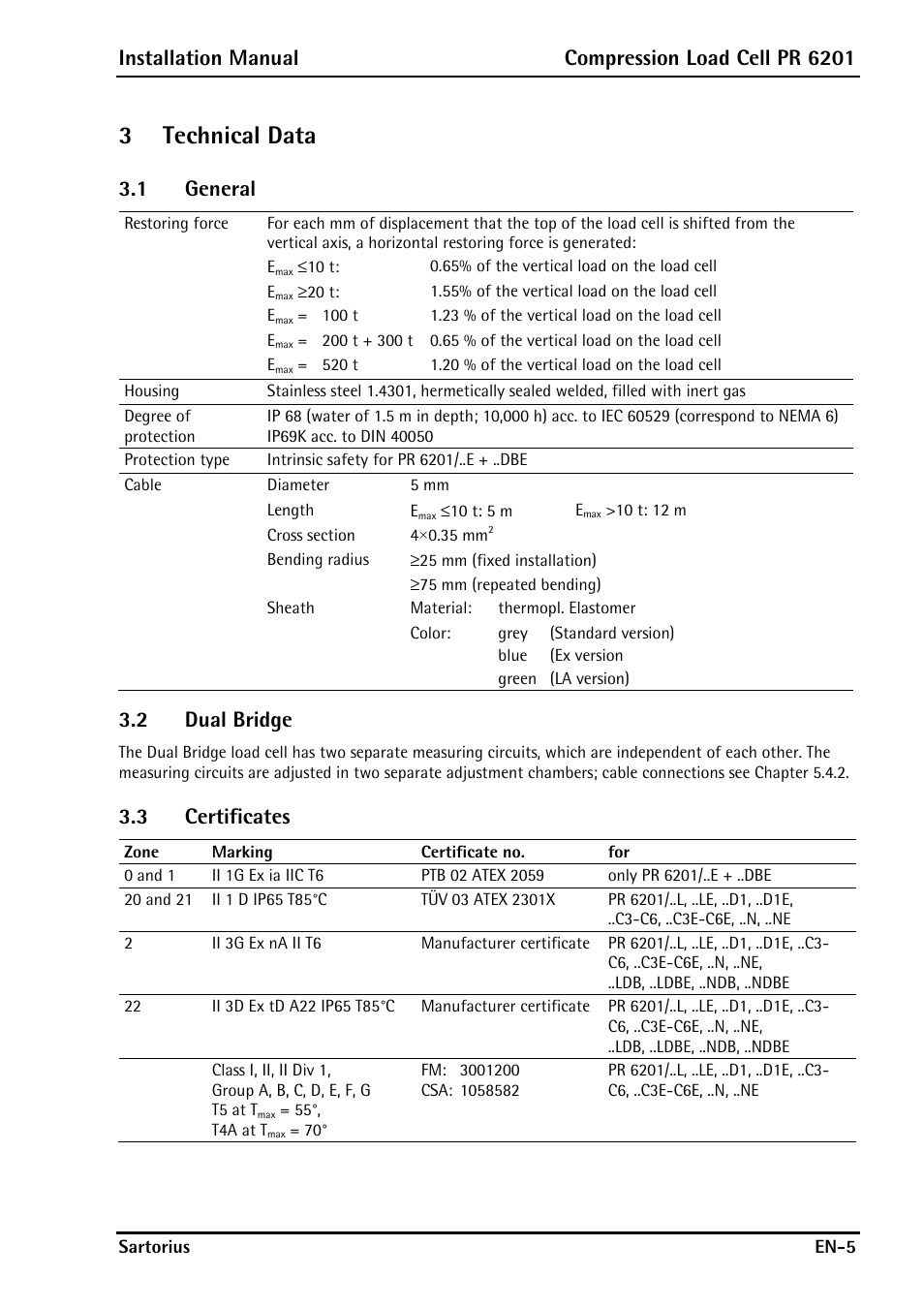 3 technical data, 1 general, 2 dual bridge | 3 certificates, 3technical data, Installation manual compression load cell pr 6201 | Rice Lake PR6201 Zinc-Plated Steel Star Mount Kits User Manual | Page 7 / 86