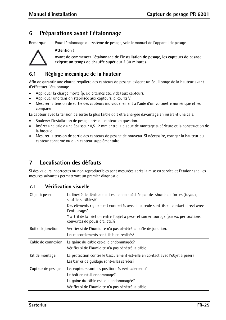 6 préparations avant l’étalonnage, 1 réglage mécanique de la hauteur, 7 localisation des défauts | 1 vérification visuelle, 6préparations avant l’étalonnage, 7localisation des défauts, Manuel d’installation capteur de pesage pr 6201 | Rice Lake PR6201 Zinc-Plated Steel Star Mount Kits User Manual | Page 79 / 86