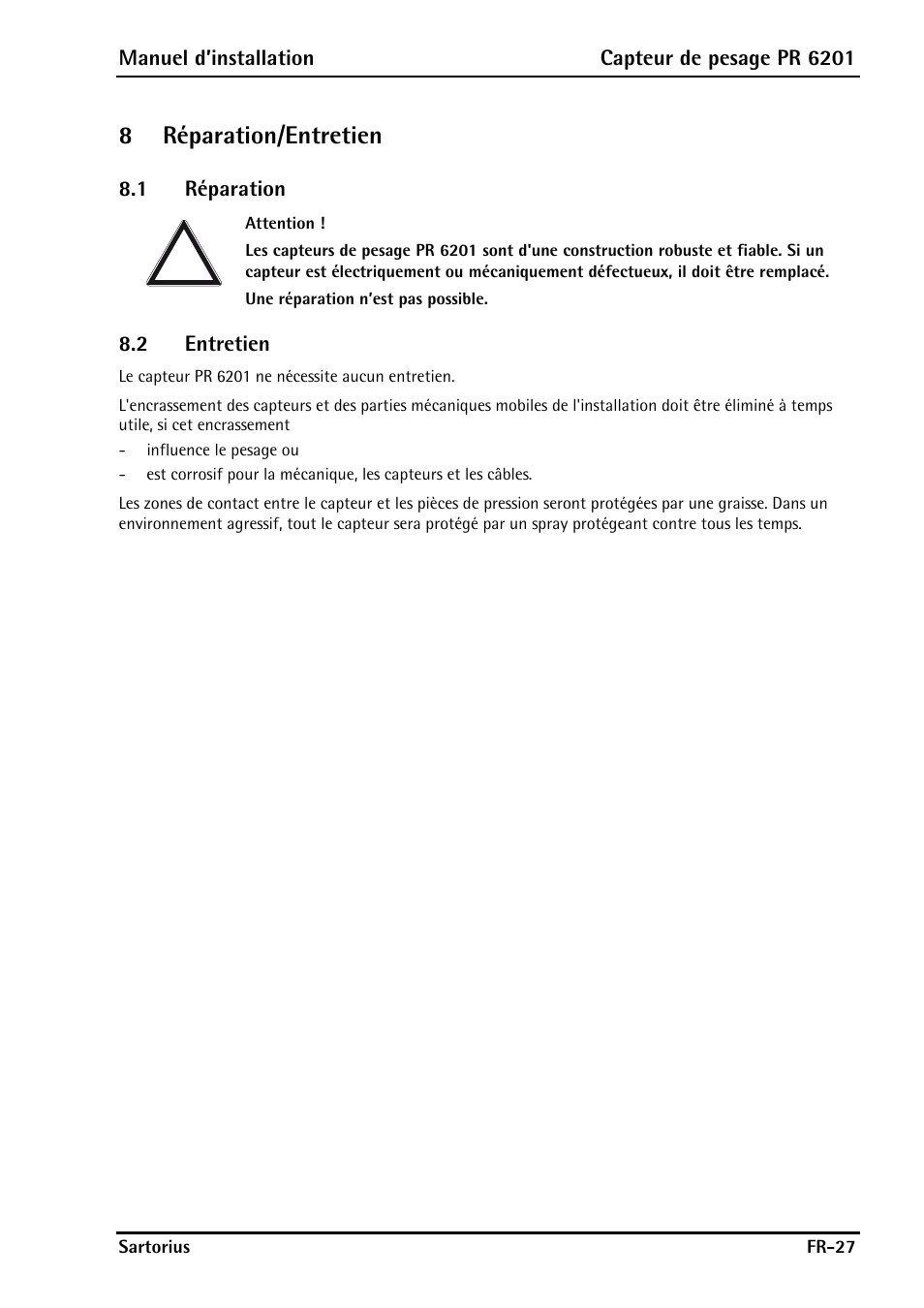 8 réparation/entretien, 1 réparation, 2 entretien | 8réparation/entretien | Rice Lake PR6201 Zinc-Plated Steel Star Mount Kits User Manual | Page 81 / 86