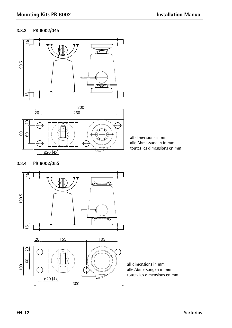 3 pr 6002/04s, 4 pr 6002/05s, Mounting kits pr 6002 installation manual | Rice Lake PR6202 Hygienic Weigh Module Kits User Manual | Page 14 / 70